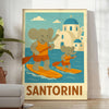 Whimsical illustration of a blue elephant paddling in Santorini