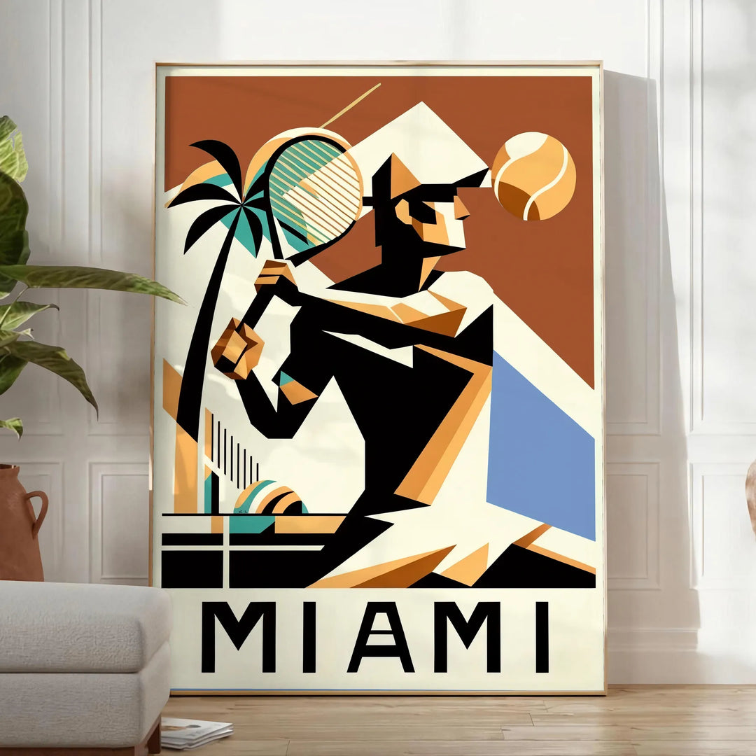 White and green Miami tennis poster, minimalist retro artwork style
