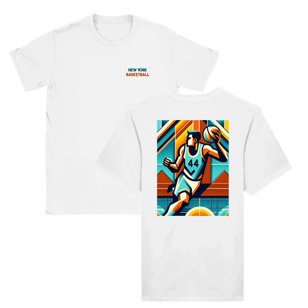 T-shirt featuring a dynamic basketball graphic in bold colors