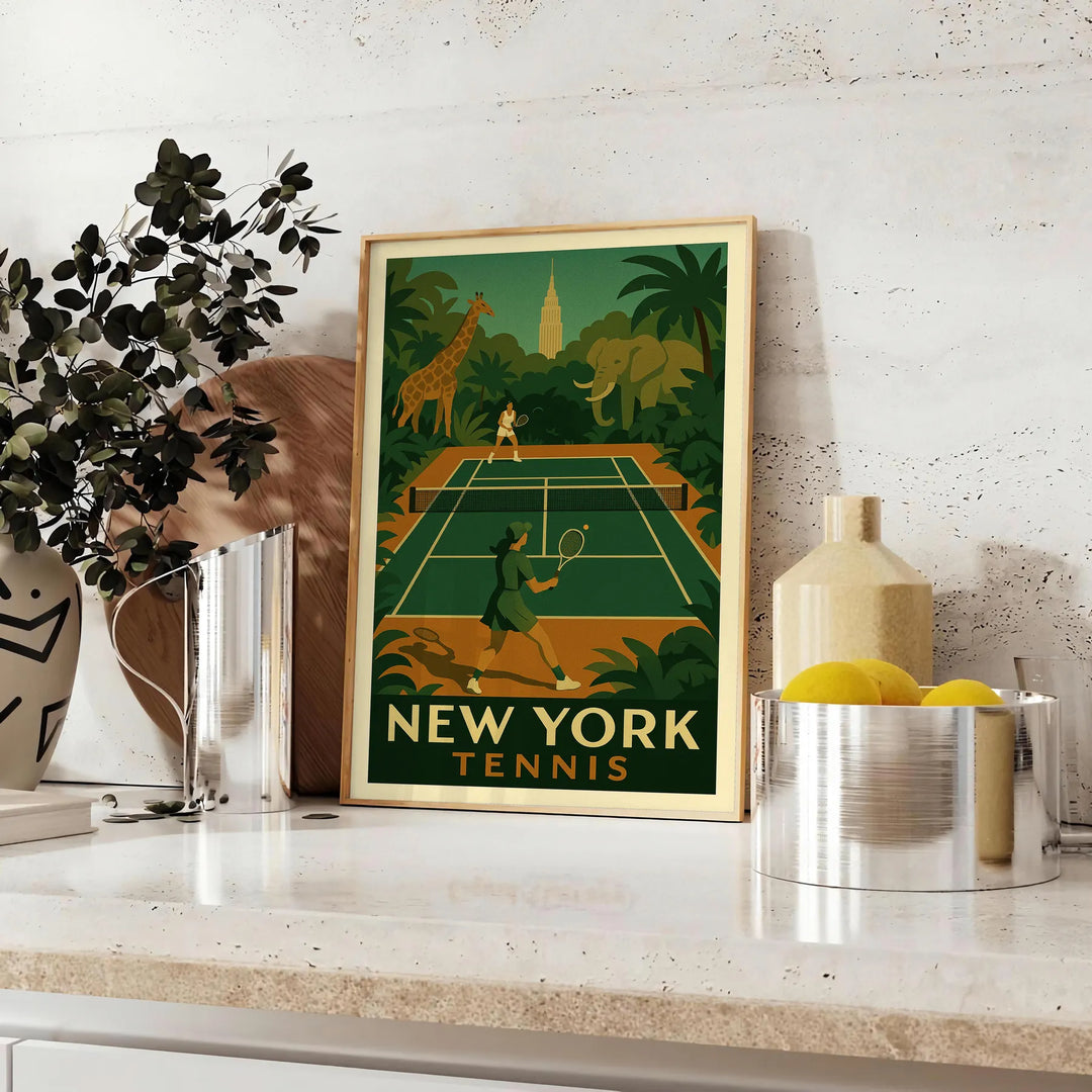 Representación estilizada de una jungla en Nueva York con una raqueta de tenis, tonos tierra