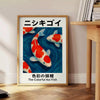 Watercolor illustration of koi fish in green and red hues