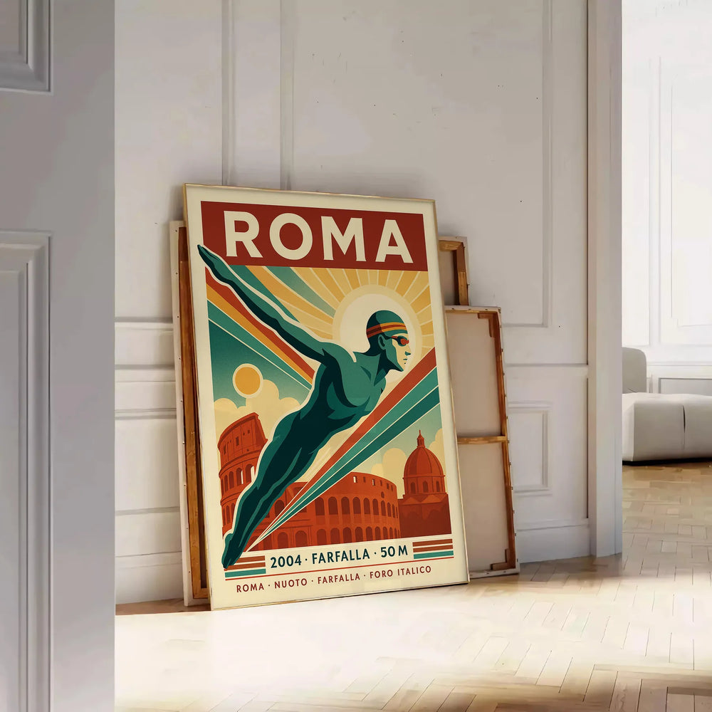 Poster of swimmers near Rome ruins in red, blue and white