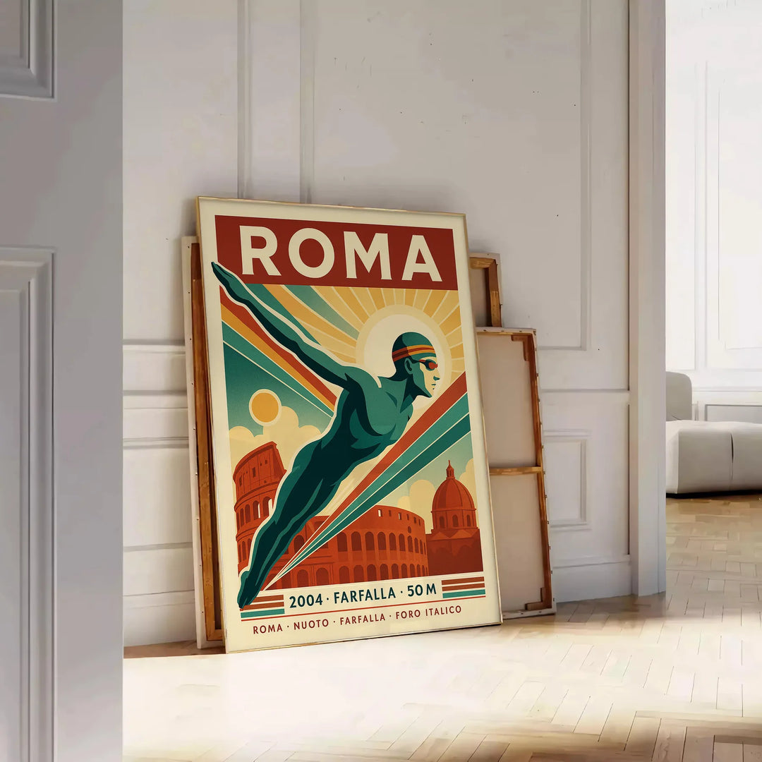 Poster of swimmers near Rome ruins in red, blue and white
