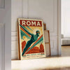 Poster of swimmers near Rome ruins in red, blue and white