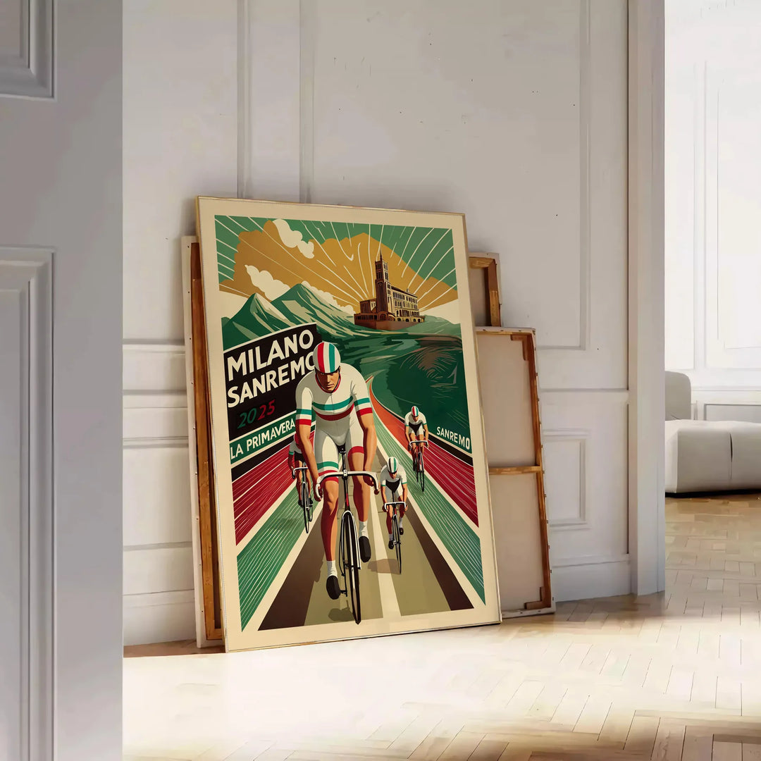 Vintage poster depicting cyclists racing through a green landscape with orange accents