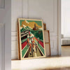 Vintage poster depicting cyclists racing through a green landscape with orange accents