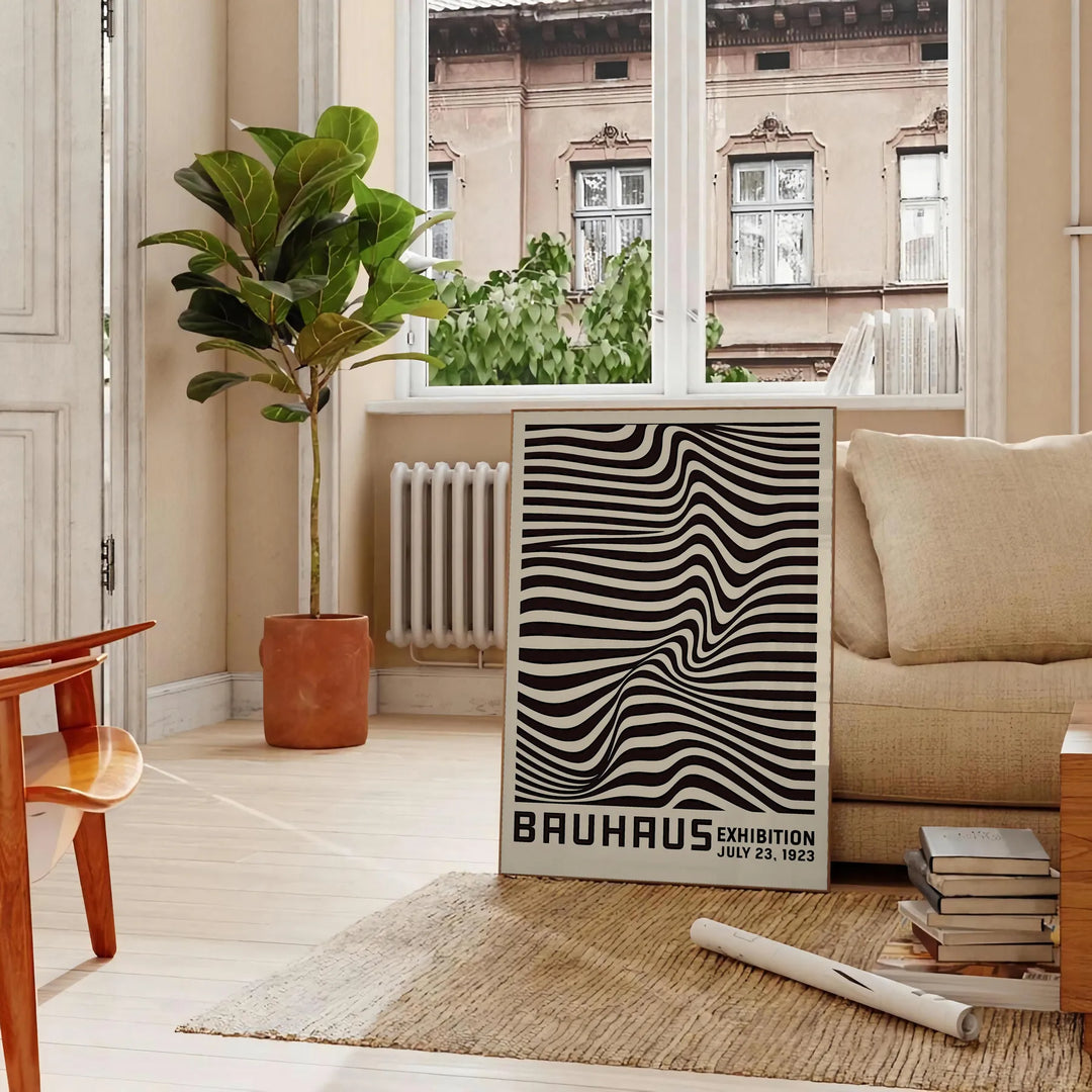 Minimalist poster featuring black lines on a gray background, inspired by Bauhaus design