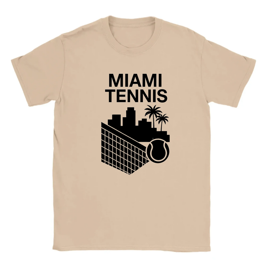 T-shirt featuring a graphic of a tennis player in action against a Miami skyline