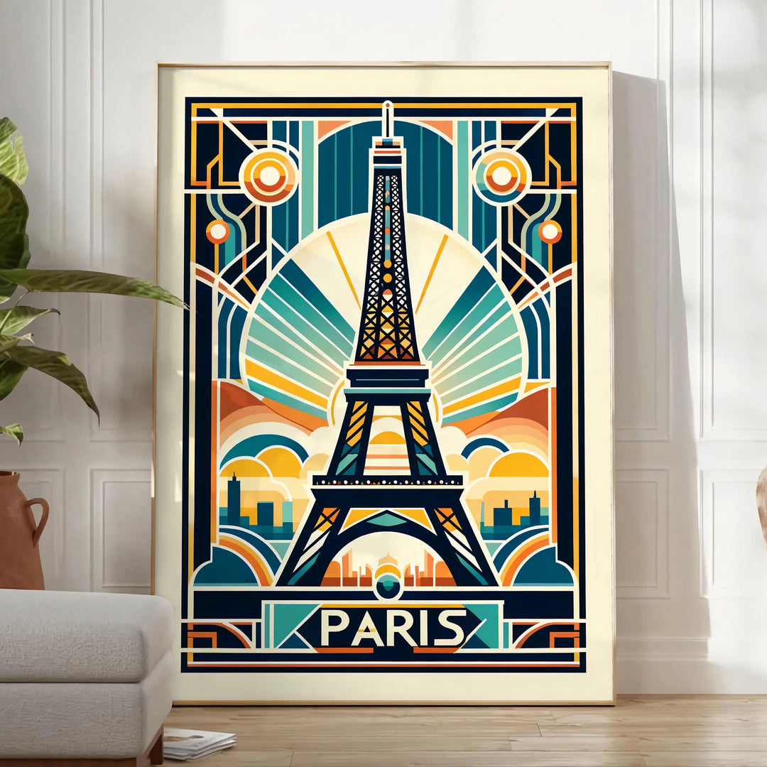 Yellow and black Art Deco Paris poster featuring stylized city silhouette