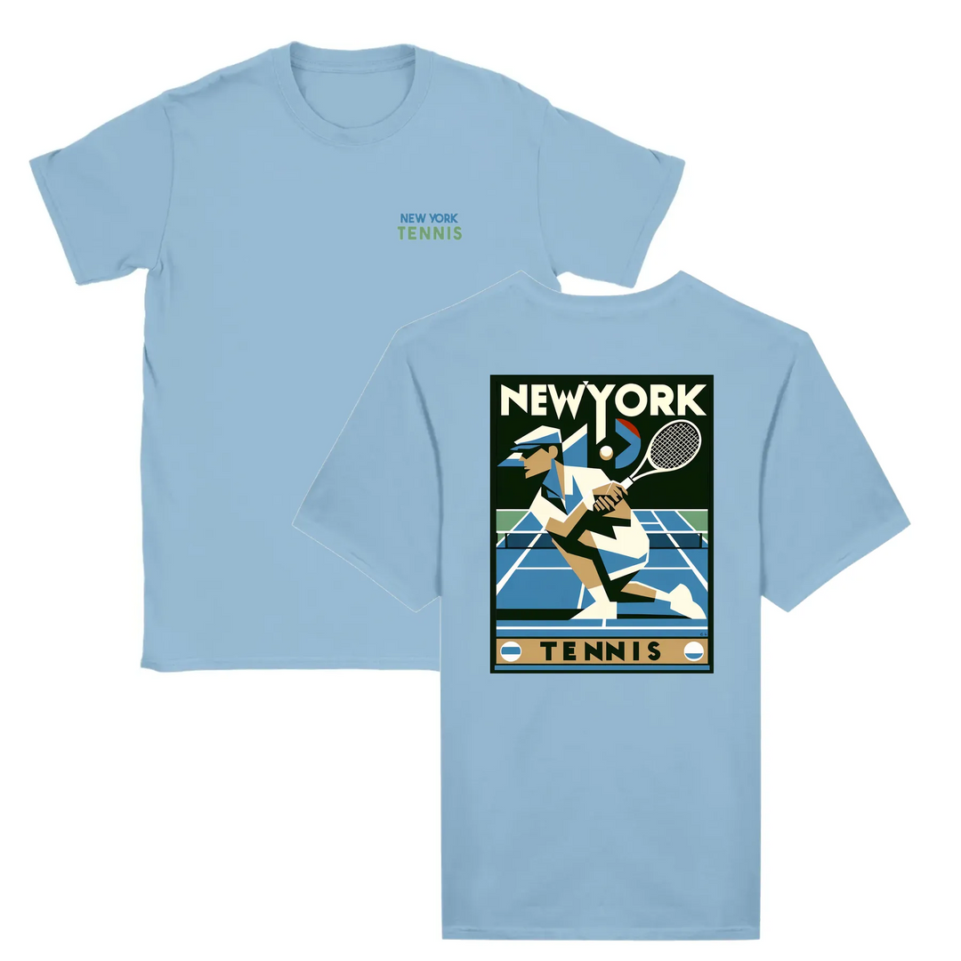 T-shirt featuring a graphic of a tennis player in action against a New York skyline
