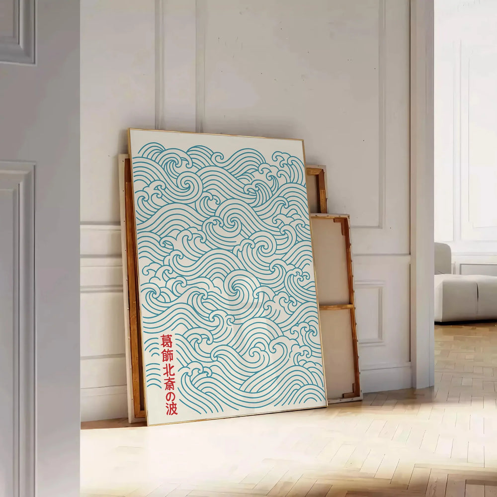Blue, gray and white Japanese wave poster in minimalist style