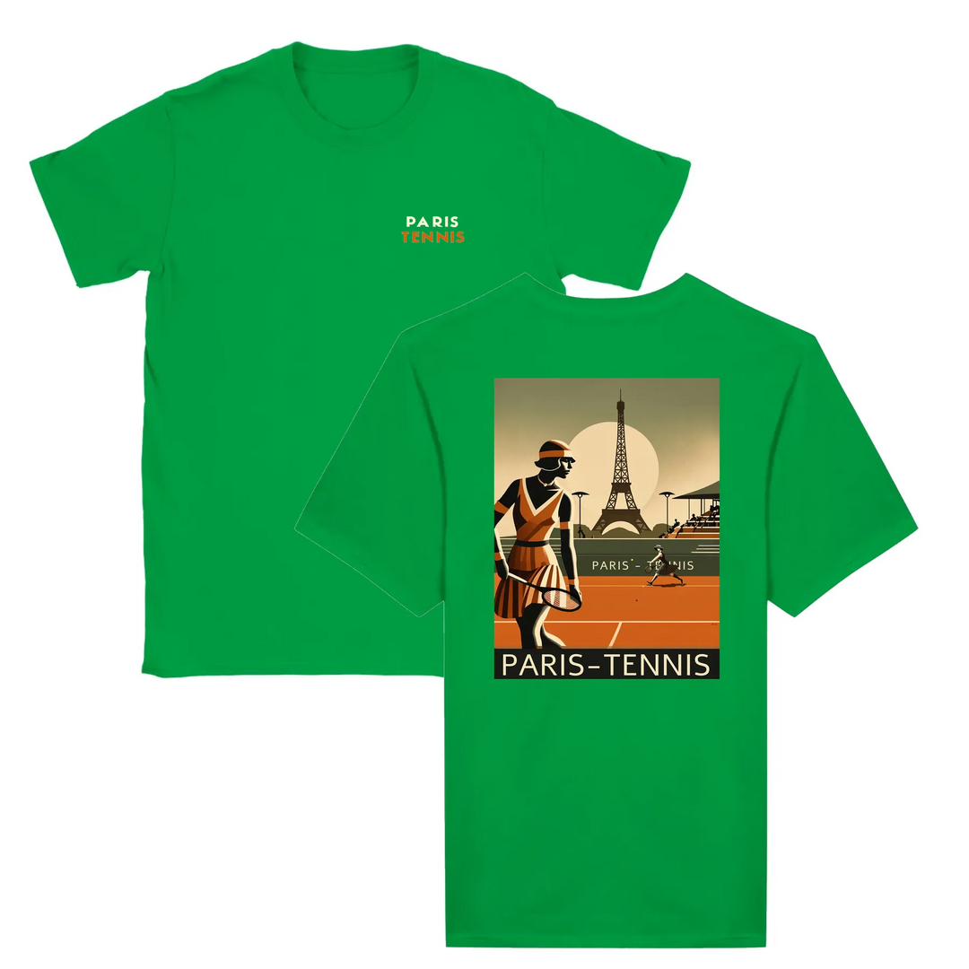 T-shirt featuring a graphic print of tennis elements and the Eiffel Tower