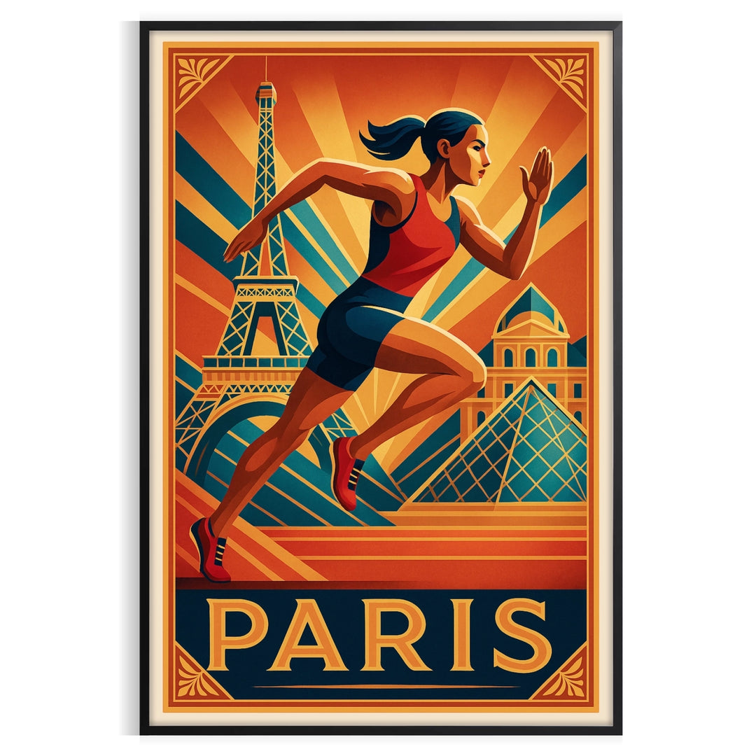 Athletic woman in motion against a Parisian backdrop, featuring green and orange hues