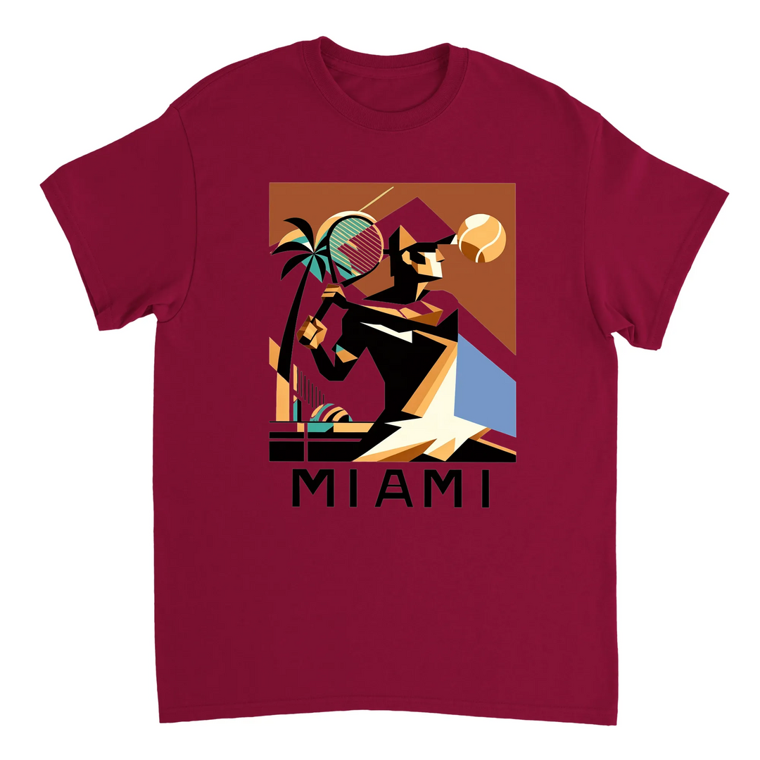 T-shirt featuring a tennis player in action against a Miami skyline