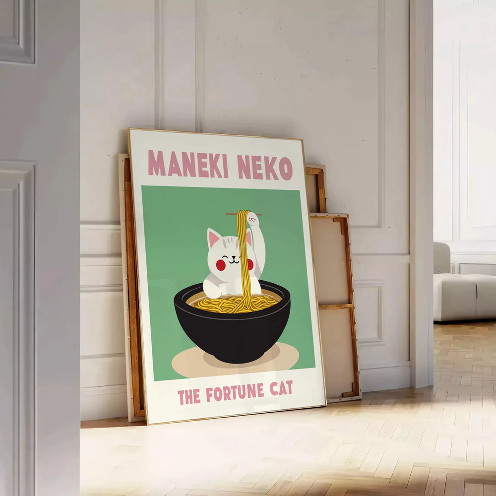 Illustration of a Maneki Neko in a Japanese kitchen, featuring blue and black tones