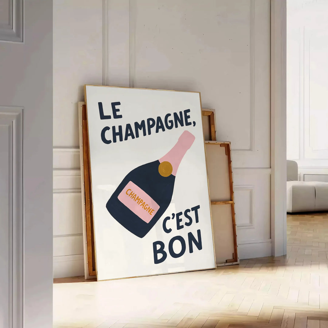 Minimalist poster featuring the French phrase 'Le Champagne C'est Bon' in green and black