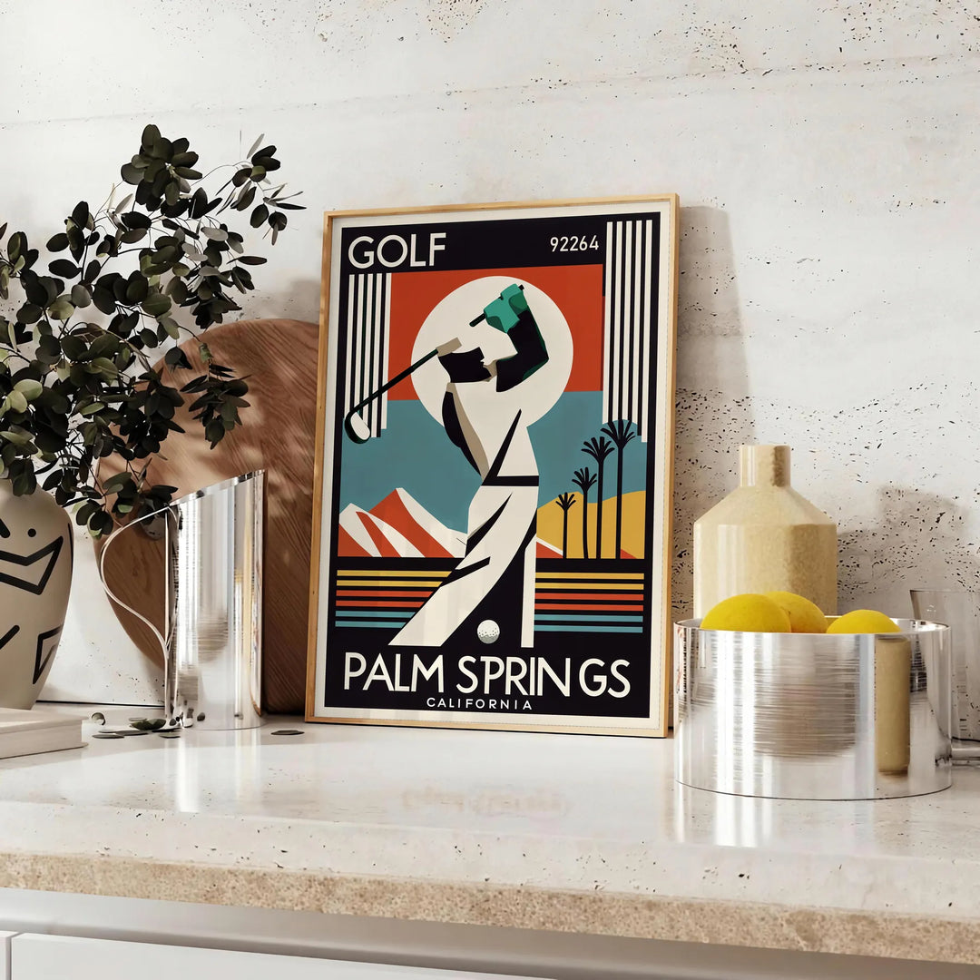 Palm Springs California golf poster featuring vintage brown and black illustration