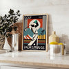 Palm Springs California golf poster featuring vintage brown and black illustration