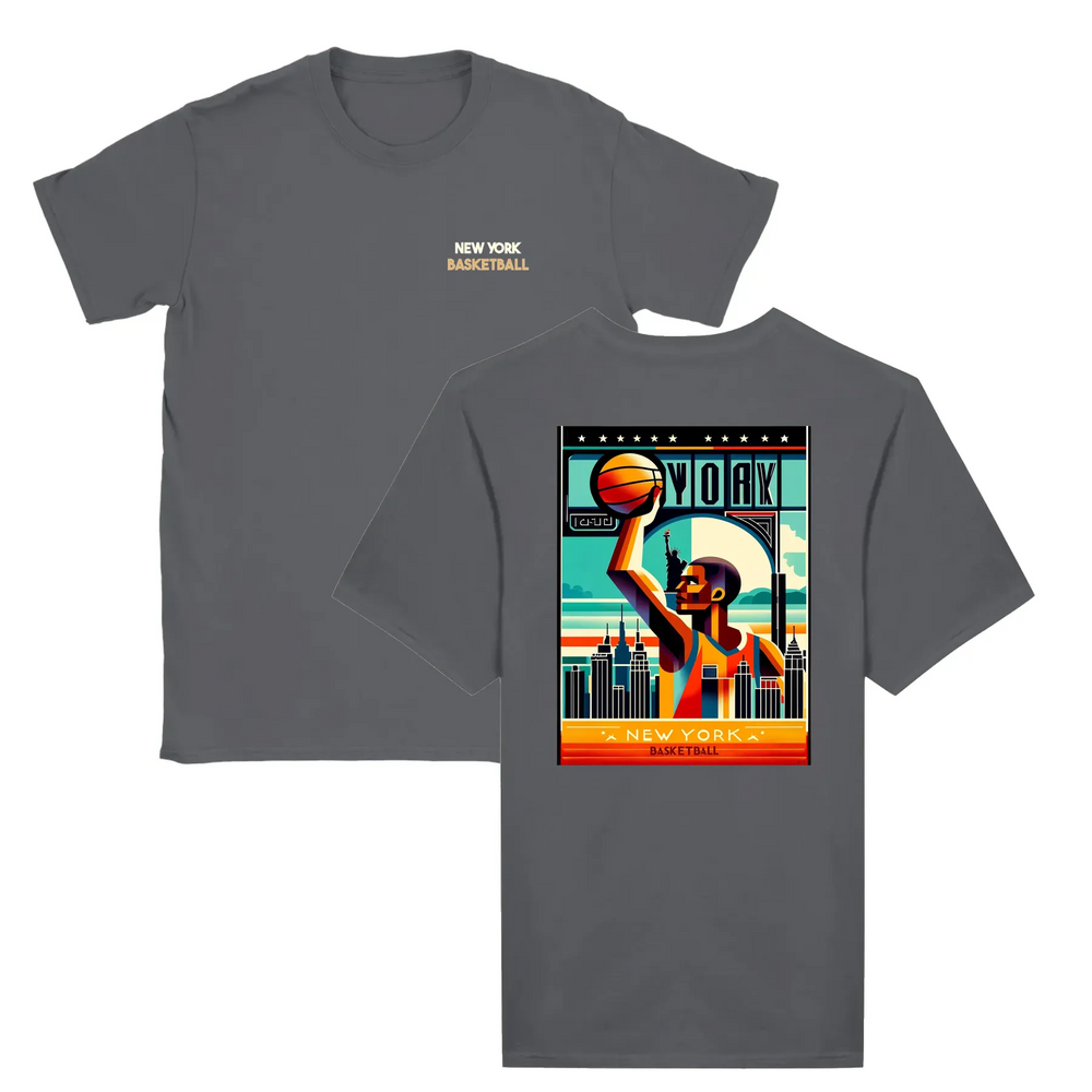 T-shirt featuring a graphic of a basketball and New York skyline