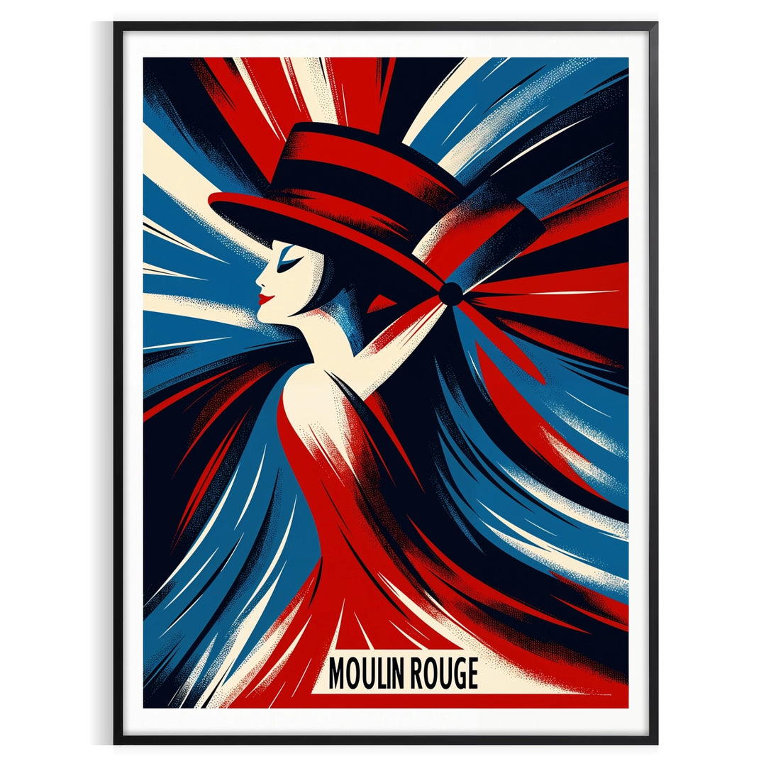 Vintage poster featuring a dancing woman in red and blue at Moulin Rouge, Paris