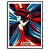 Vintage poster featuring a dancing woman in red and blue at Moulin Rouge, Paris