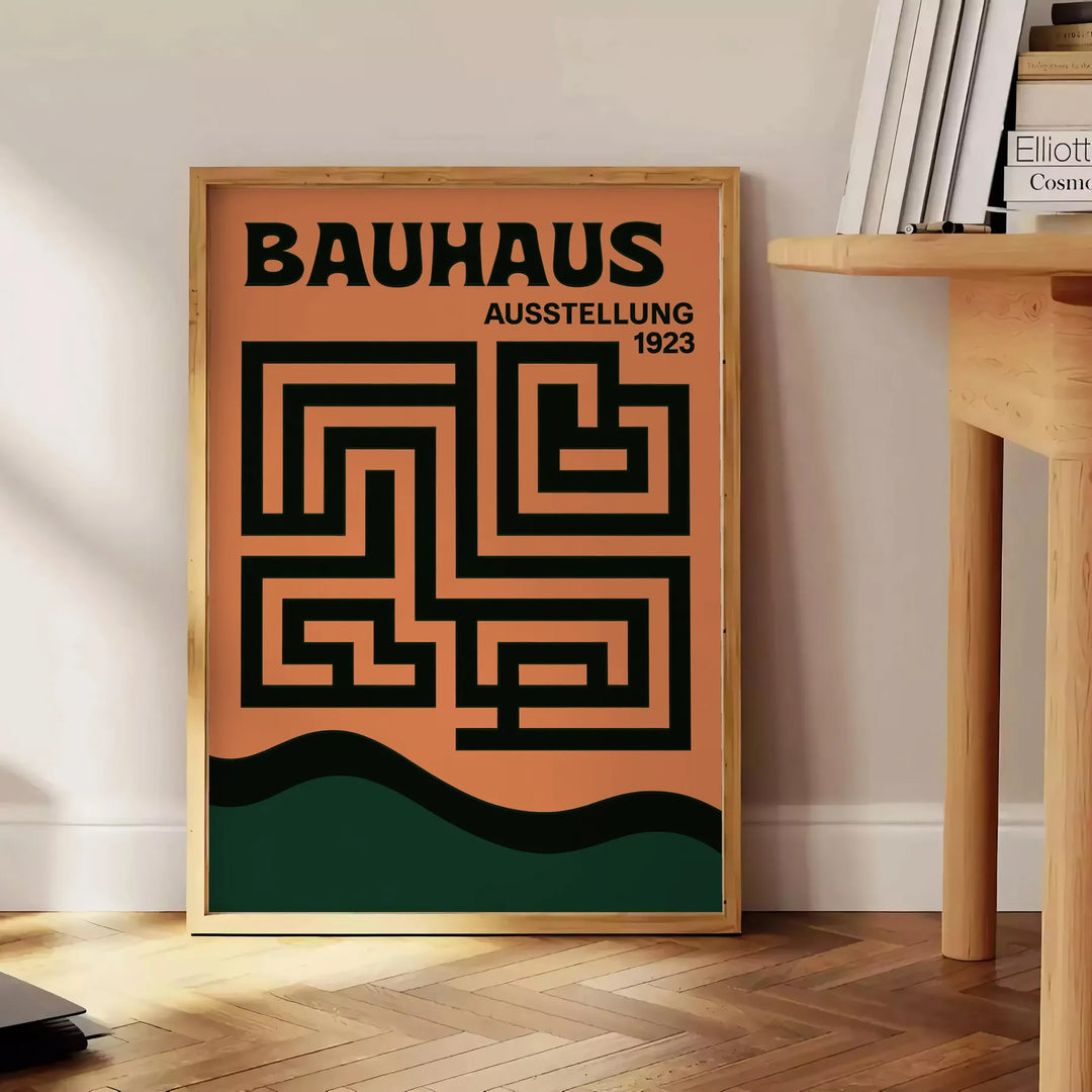 Bauhaus labyrinth poster with geometric maze design in green and gray