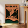 Bauhaus labyrinth poster with geometric maze design in green and gray