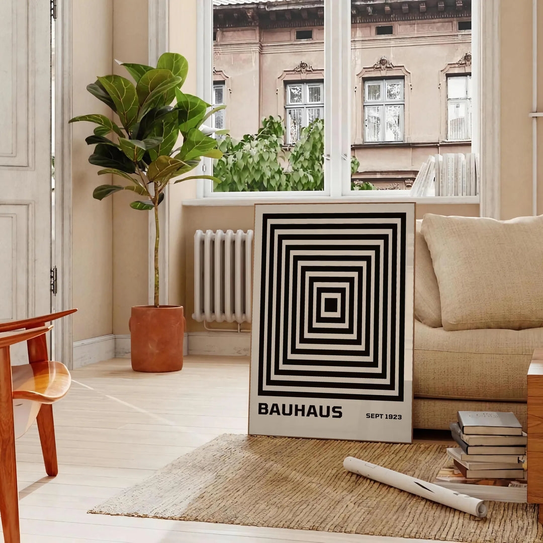 Bauhaus pyramid poster in brown, gray, and green geometric design
