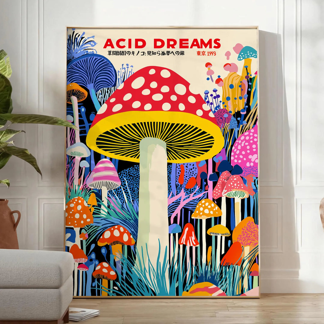Colorful polka-dotted mushrooms in red and blue by Yayoi Kusama