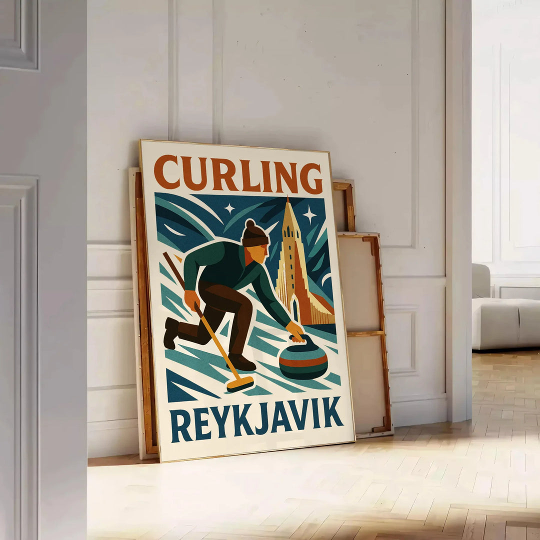 Affiche graphique de curling à Reykjavik en orange et vert minimaliste