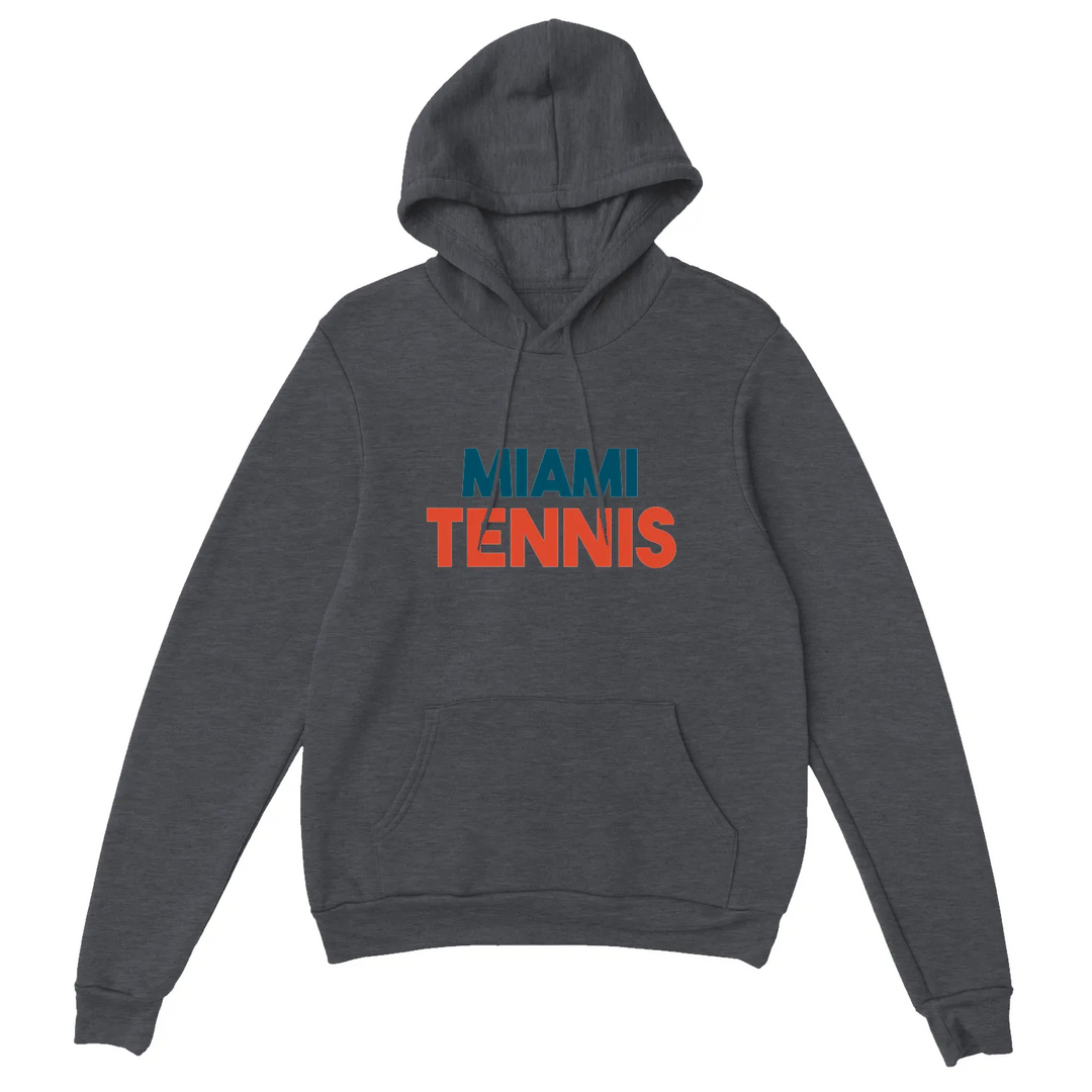 Hoodie featuring a graphic of Miami tennis courts with palm trees