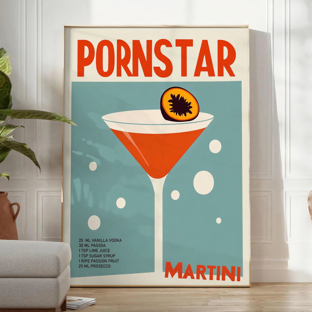 Poster of Pornstar Martini cocktail illustration with green and brown tones