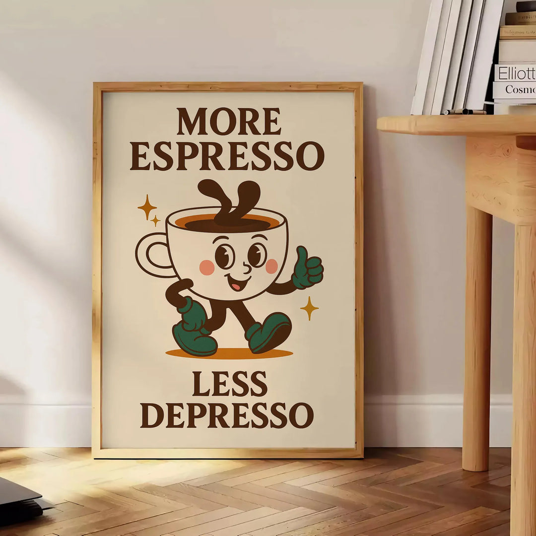 Plakat kuchenne z zieloną i niebieską typografią, przedstawiające 'More Espresso Less Depresso'
