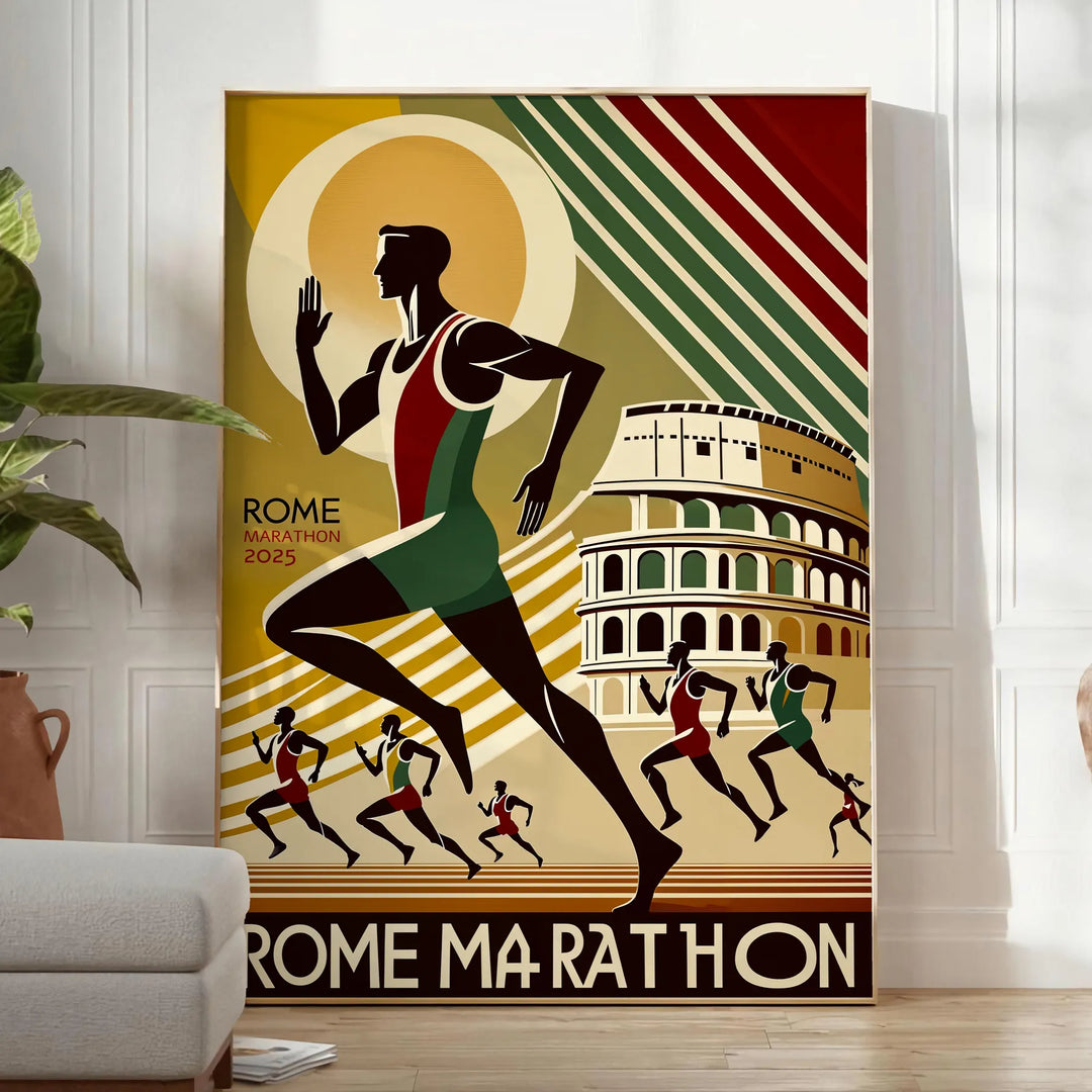 Grünes und schwarzes Rom Marathon Poster mit stilisiertem Läufer und Skyline