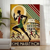 Grünes und schwarzes Rom Marathon Poster mit stilisiertem Läufer und Skyline