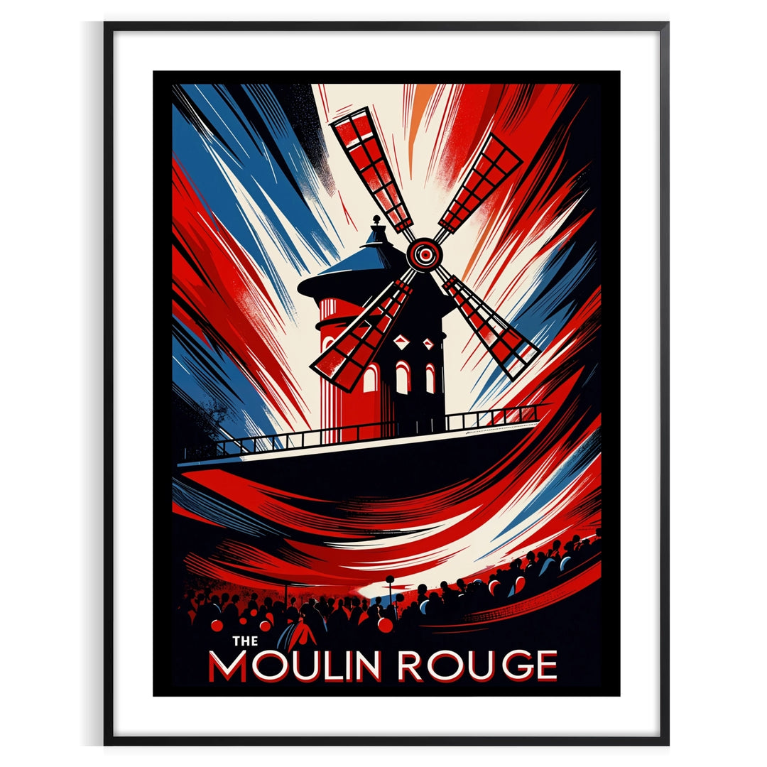 Vintage Moulin Rouge poster showing cabaret scene in red and blue