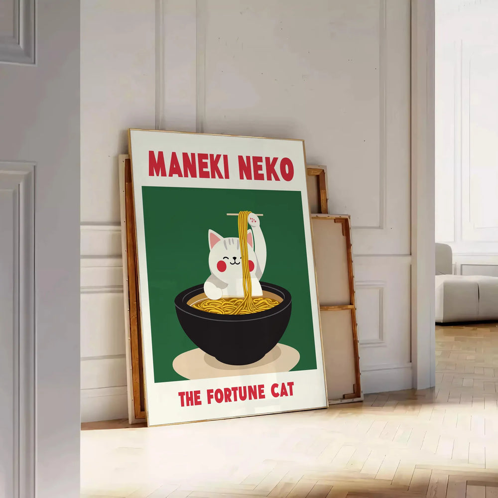 Green and gray Maneki Neko poster for kitchen, minimalist Japanese illustration