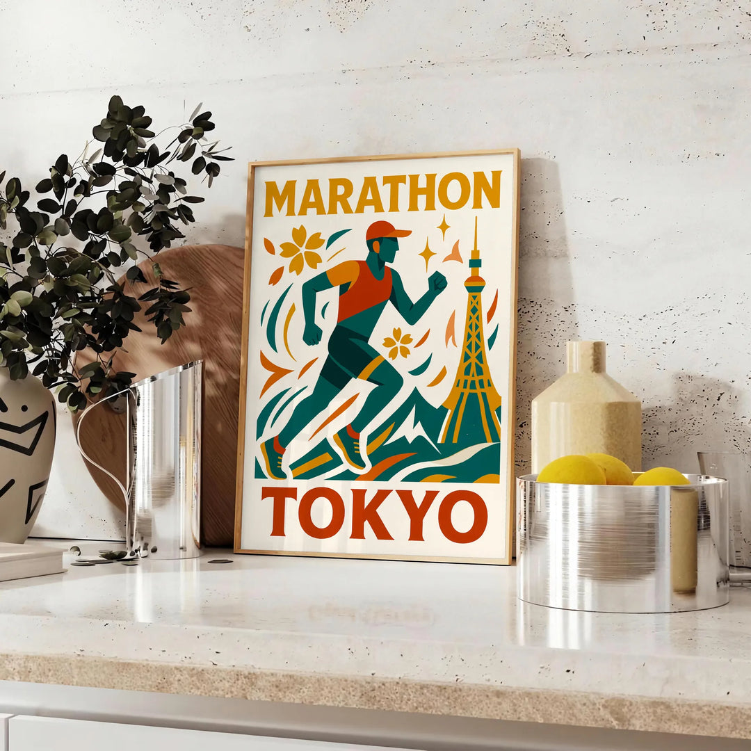 Gray and blue Tokyo marathon poster, minimalist running silhouette design