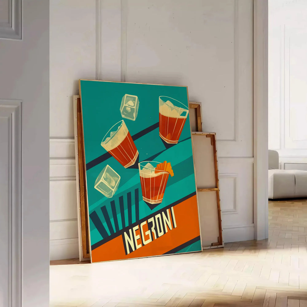 Minimalist Negroni cocktail poster with abstract orange and green geometric shapes
