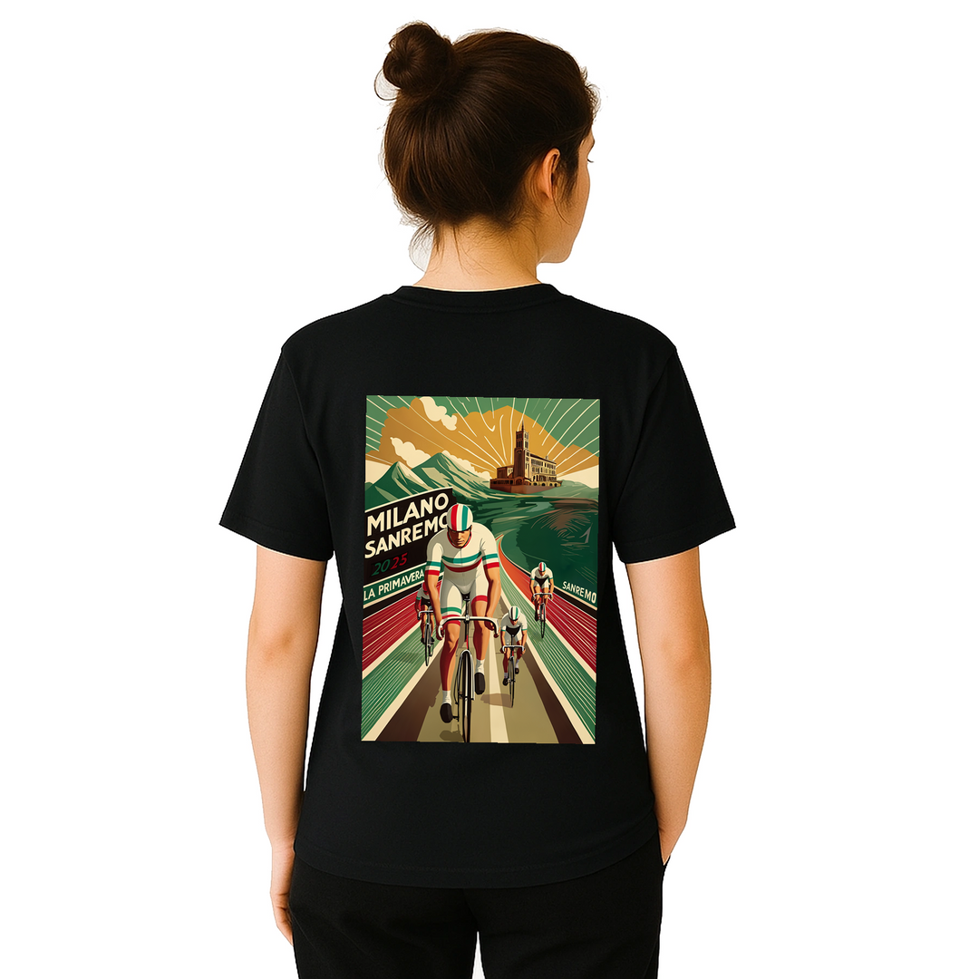 T-shirt featuring a graphic of the Milano–Sanremo cycling race