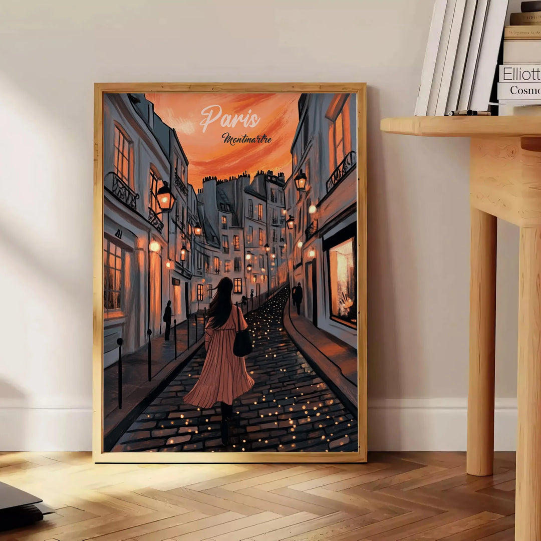 Montmartre Paris illustrated art poster in green and orange, vintage style