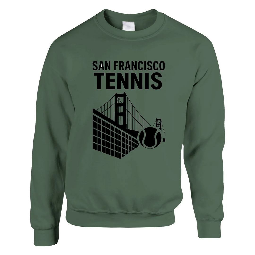 Unisex sweater featuring a graphic of tennis elements with San Francisco skyline