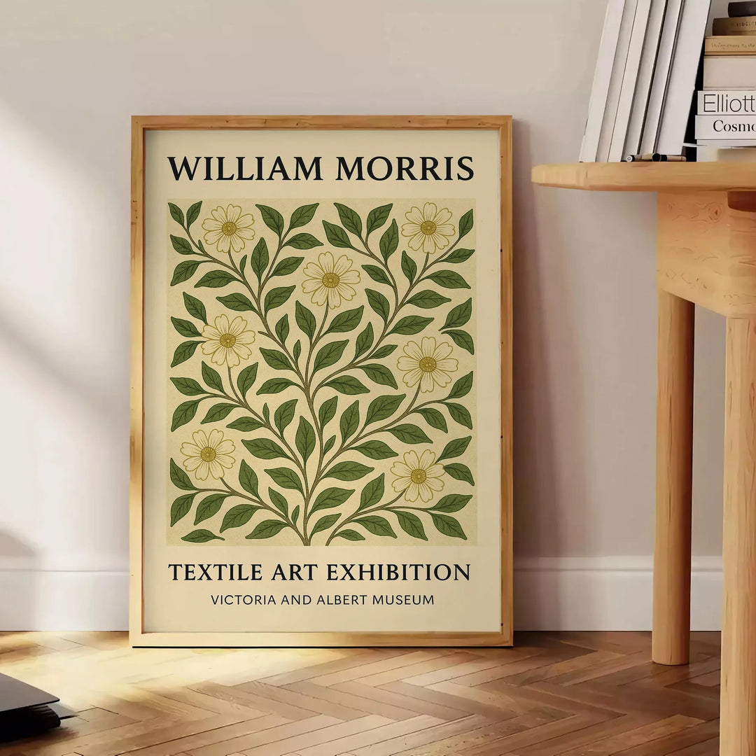 Intricate floral pattern in gray and orange by William Morris