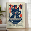 Un gatto giocoso mescolando ramen in una cucina colorata