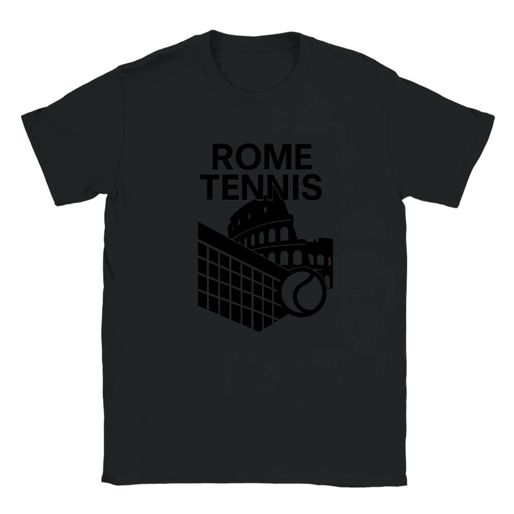 T-shirt featuring a graphic design of tennis elements with Rome landmarks