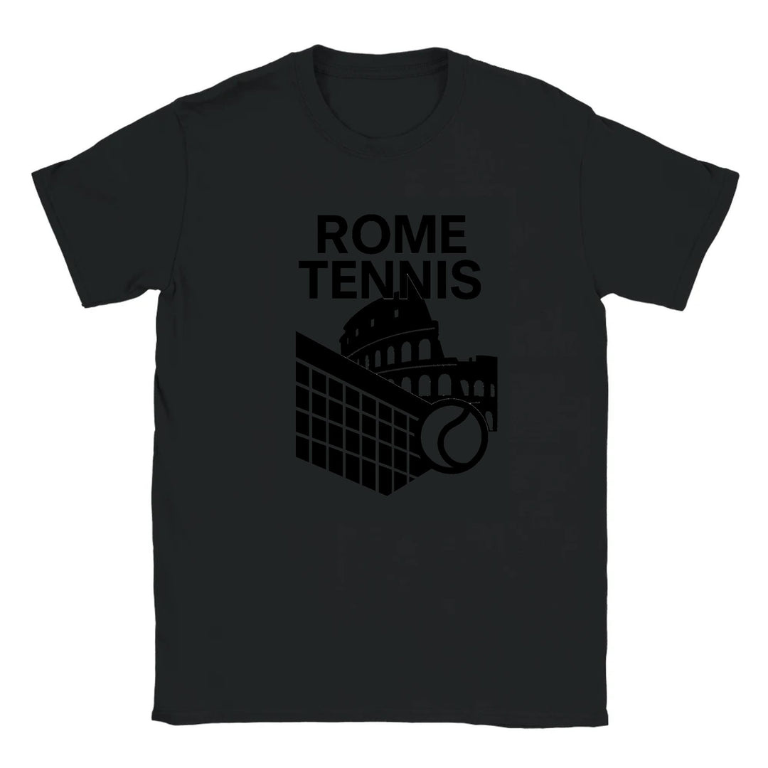 T-shirt featuring a graphic design of tennis elements with Rome landmarks