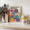 Poster del mercato dei fiori di Barcellona, illustrazione botanica blu e arancione