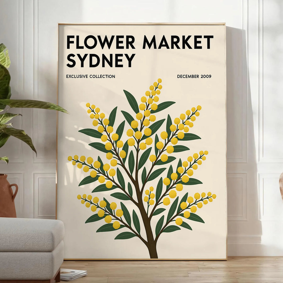 Vintage botanisk illustration av en blomstermarknad i Sydney med frodiga gröna och gula nyanser