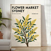 Vintage botanisk illustration av en blomstermarknad i Sydney med frodiga gröna och gula nyanser