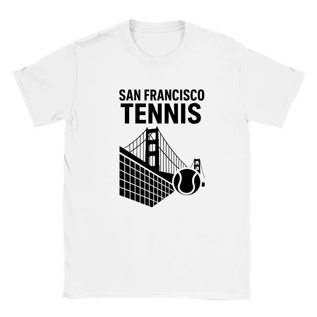 T-shirt featuring a graphic of San Francisco's iconic skyline with tennis elements
